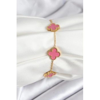 Mey İthalat® 316L Çelik Gold Zincir Pembe Yonca Renk Bileklik