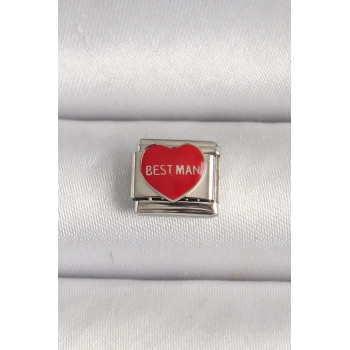 Mey İthalat® 316L Çelik Gümüş Renk Best Man Yazılı Kırmızı Kalp İşlemeli Nomination Charm