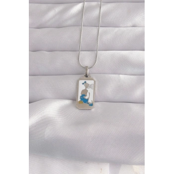 Mey İthalat® 316L Çelik Gümüş Renk Beyaz Mineli Kız Figür Tarot Kolye