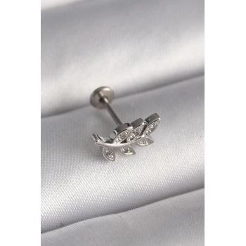 Mey İthalat® 316L Çelik Gümüş Renk Dal Model Zirkon Taş Detaylı Tragus Piercing