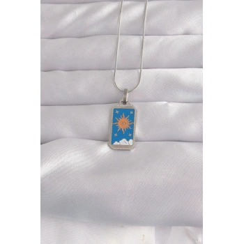 Mey İthalat® 316L Çelik Gümüş Renk Mavi Mineli Güneş Model Tarot Kolye