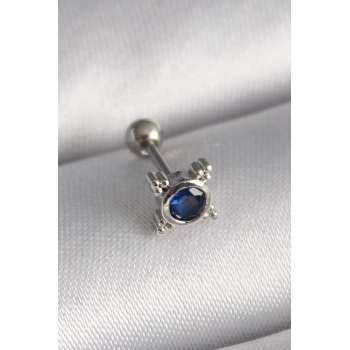 Mey İthalat® 316L Çelik Gümüş Renk Mavi Zirkon Taşlı Tragus Piercing
