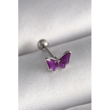 Mey İthalat® 316L Çelik Gümüş Renk Mor Kelebek Model Tragus Piercing