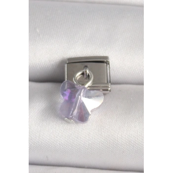 Mey İthalat® 316L Çelik Gümüş Renk Mor Zirkon Taşlı Nomination Charm