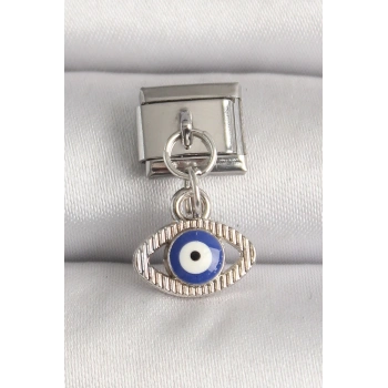 Mey İthalat® 316L Çelik Gümüş Renk Nazar Boncuk Detaylı Göz Model Nomination Charm