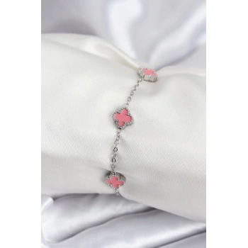Mey İthalat® 316L Çelik Gümüş Renk Pembe Baby Boy Yonca Kadın Bileklik