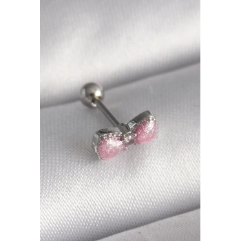 Mey İthalat® 316L Çelik Gümüş Renk Pembe Kurdele Zirkon Taş Detay Tragus Piercing
