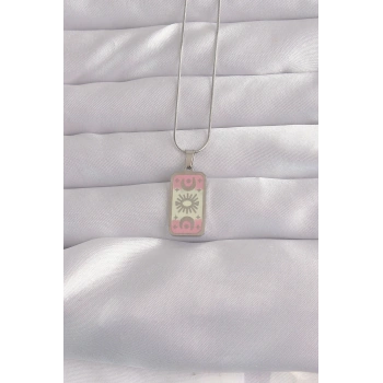 Mey İthalat® 316L Çelik Gümüş Renk Pembe Mineli Ay Figür Tarot Kolye