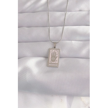 Mey İthalat® 316L Çelik Gümüş Renk Pembe Mineli El Figür Tarot Kolye