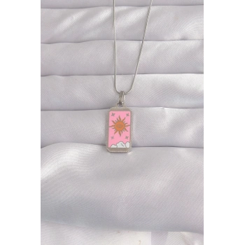Mey İthalat® 316L Çelik Gümüş Renk Pembe Mineli Güneş Model Tarot Kolye