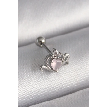 Mey İthalat® 316L Çelik Gümüş Renk Pembe Mineli Kalp Zirkon Taş Detay Tragus Piercing