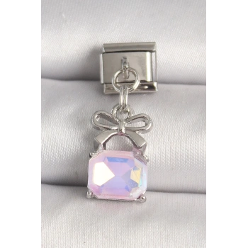 Mey İthalat® 316L Çelik Gümüş Renk Pembe Zirkon Taşlı Çanta Model Nomination Charm