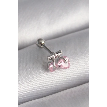 Mey İthalat® 316L Çelik Gümüş Renk Pembe Zirkon Taşlı Kalp Tragus Piercing