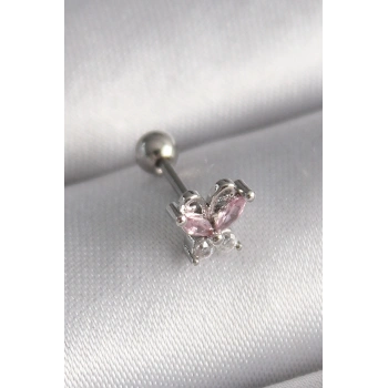 Mey İthalat® 316L Çelik Gümüş Renk Pembe Zirkon Taşlı Kelebek Tragus Piercing