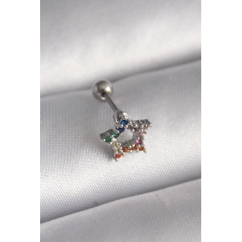 Mey İthalat® 316L Çelik Gümüş Renk Renkli Zirkon Taşlı Yıldız Model Tragus Piercing