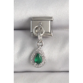 Mey İthalat® 316L Çelik Gümüş Renk Sallantı Yeşil Zirkon Taşlı Damla Model Nomination Charm