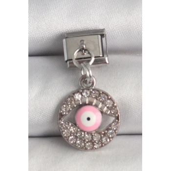 Mey İthalat® 316L Çelik Gümüş Renk Sallantı Zirkon Taşlı Pembe Göz Model Nomination Charm