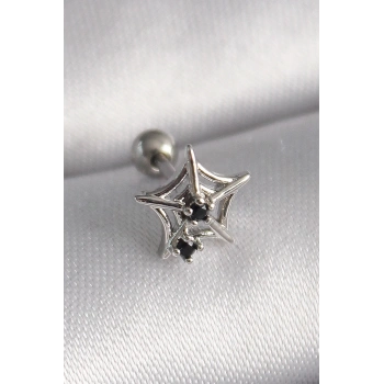 Mey İthalat® 316L Çelik Gümüş Renk Siyah Zirkon Taş Detay Örümcek Ağ Model Tragus Piercing