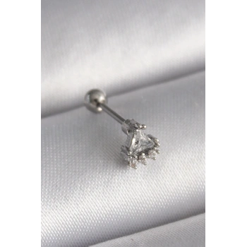 Mey İthalat® 316L Çelik Gümüş Renk Üçgen Zirkon Taşlı Tragus Piercing