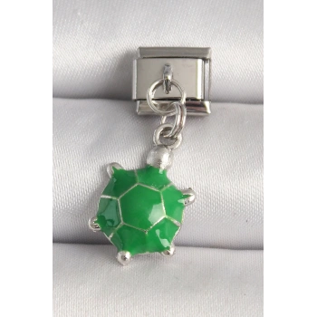 Mey İthalat® 316L Çelik Gümüş Renk Yeşil Kaplumbağa Model Nomination Charm