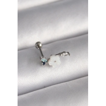 Mey İthalat® 316L Çelik Gümüş Renk Zirkon Taş Detay Beyaz Çiçek Model Tragus Piercing