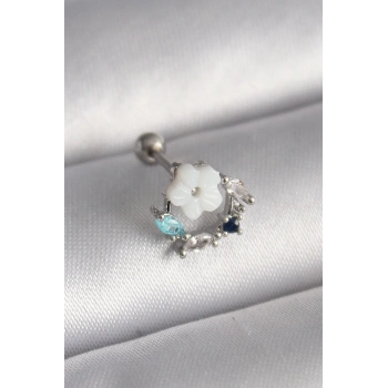 Mey İthalat® 316L Çelik Gümüş Renk Zirkon Taş Detay Beyaz Çiçek Model Tragus Piercing