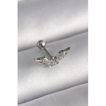 Mey İthalat® 316L Çelik Gümüş Renk Zirkon Taş Detay Kanat Model Tragus Piercing