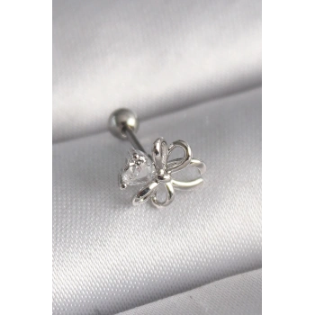 Mey İthalat® 316L Çelik Gümüş Renk Zirkon Taş Detay Kurdele Model Tragus Piercing