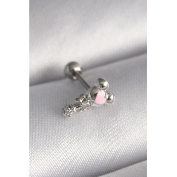 Mey İthalat® 316L Çelik Gümüş Renk Zirkon Taş Detay Pembe Kalp İşleme Tragus Piercing