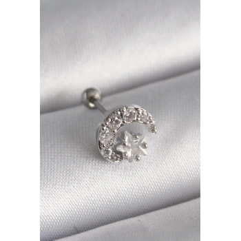 Mey İthalat® 316L Çelik Gümüş Renk Zirkon Taşlı Ay Yıldız Tragus Piercing