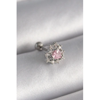 Mey İthalat® 316L Çelik Gümüş Renk Zirkon Taşlı Kalp Tragus Piercing