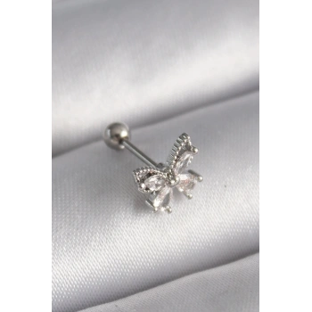 Mey İthalat® 316L Çelik Gümüş Renk Zirkon Taşlı Kelebek Tragus Piercing