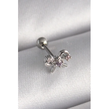 Mey İthalat® 316L Çelik Gümüş Renk Zirkon Taşlı Kurdele Tragus Piercing