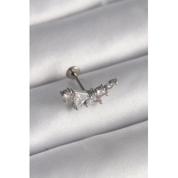 Mey İthalat® 316L Çelik Gümüş Renk Zirkon Taşlı Tragus Piercing