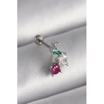 Mey İthalat® 316L Çelik Gümüş Renk Zirkon Taşlı Tragus Piercing