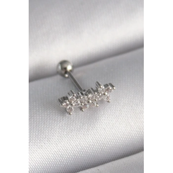 Mey İthalat® 316L Çelik Gümüş Renk Zirkon Taşlı Yonca Tragus Piercing