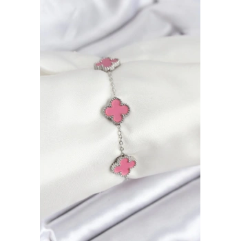 Mey İthalat® 316L Çelik Gümüş Zincir Pembe Renk Yonca Bileklik
