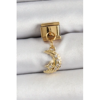 Mey İthalat® 316L Çelik Sallantılı Zirkon Taşlı Ay Model Gold Renk Nomination Charm