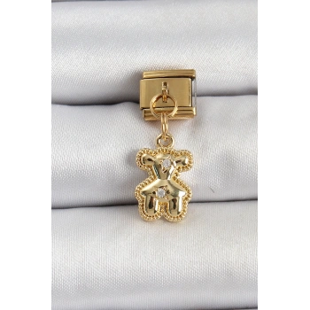 Mey İthalat® 316L Çelik Sallantılı Zirkon Taşlı Ayıcık Model Gold Renk Nomination Charm