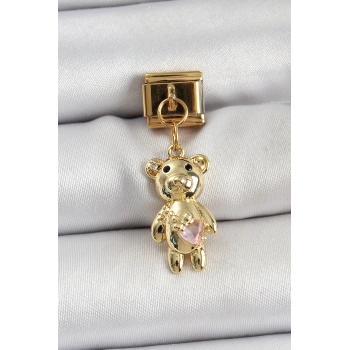 Mey İthalat® 316L Çelik Sallantılı Zirkon Taşlı Ayıcık Model Gold Renk Nomination Charm