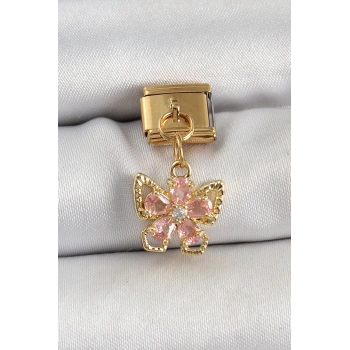 Mey İthalat® 316L Çelik Sallantılı Zirkon Taşlı Çiçek Figürlü Kelebek Model Gold Renk Nomination Charm