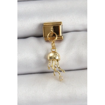 Mey İthalat® 316L Çelik Sallantılı Zirkon Taşlı Deniz Anası Model Gold Renk Nomination Charm
