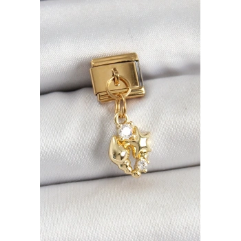 Mey İthalat® 316L Çelik Sallantılı Zirkon Taşlı Deniz Kabuğu Ve Yıldız Model Gold Renk Nomination Charm