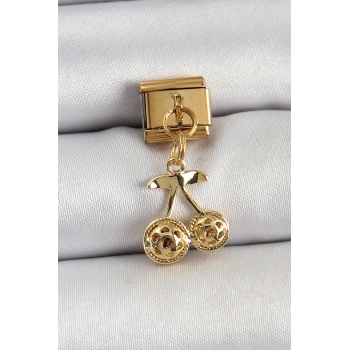 Mey İthalat® 316L Çelik Sallantılı Zirkon Taşlı Fiyonk Model Gold Renk Nomination C316L Çelik Sallantılı Kiraz Model Gold Renk Nomination Charm