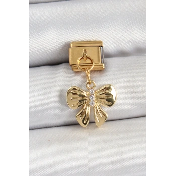 Mey İthalat® 316L Çelik Sallantılı Zirkon Taşlı Fiyonk Model Gold Renk Nomination Charm