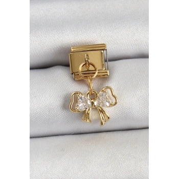 Mey İthalat® 316L Çelik Sallantılı Zirkon Taşlı Fiyonk Model Gold Renk Nomination Charm