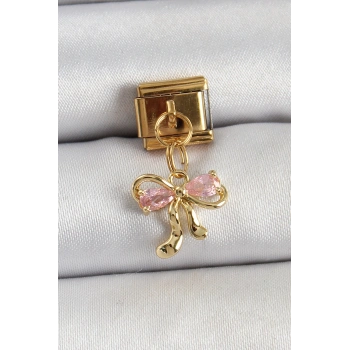 Mey İthalat® 316L Çelik Sallantılı Zirkon Taşlı Fiyonk Model Gold Renk Nomination Charm