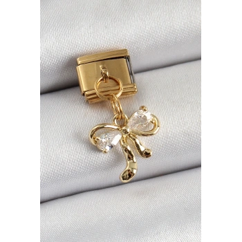 Mey İthalat® 316L Çelik Sallantılı Zirkon Taşlı Fiyonk Model Gold Renk Nomination Charm