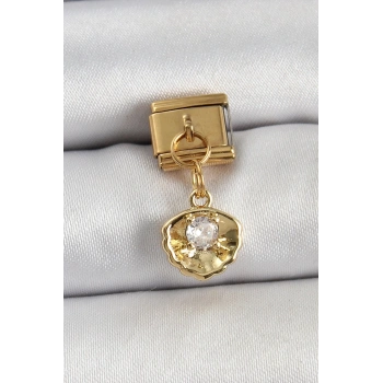 Mey İthalat® 316L Çelik Sallantılı Zirkon Taşlı İstiridye Model Gold Renk Nomination Charm