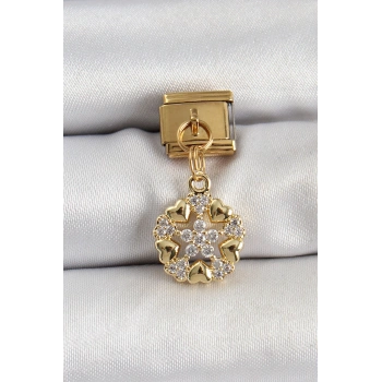 Mey İthalat® 316L Çelik Sallantılı Zirkon Taşlı Kalp Detaylı Yıldz Model Gold Renk Nomination Charm